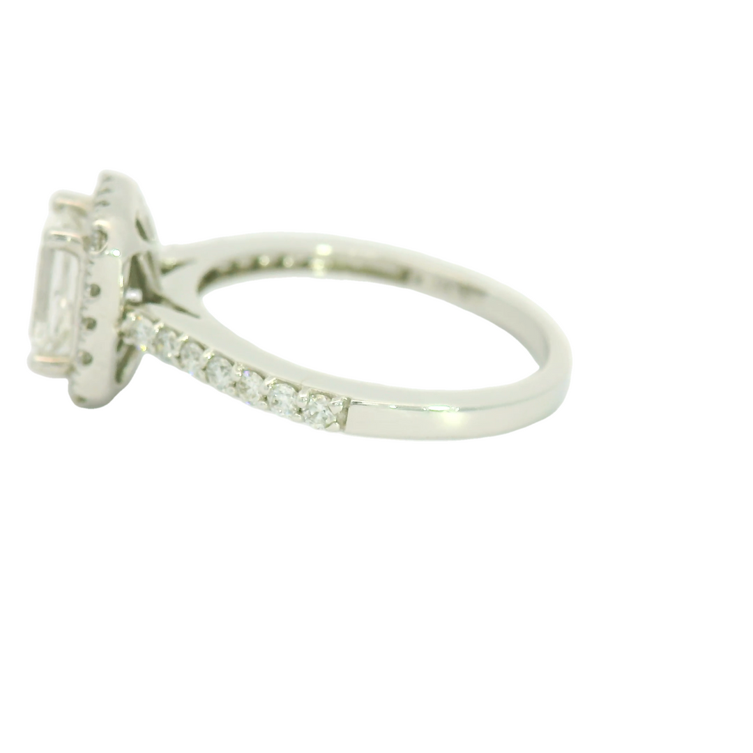 14K White Gold Halo Engagement Ring set with 1 1.00 ct Emerald Cut Diamond, F SI1, and 30 Round Diamonds, 0.43 ctw
