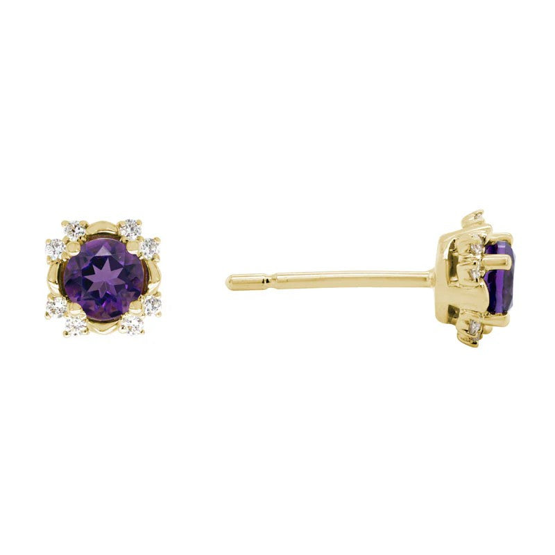 14K Yellow Gold Stud Earrings set with 2 Round Amethysts, 0.50 ctw and 16 Round Diamonds, 0.11 ctw