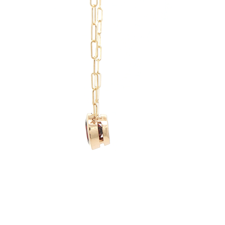 14K Yellow Gold Bezel Pendant with 1 Round Garnet, 1.60 ct on a 16 inch Paperclip Chain