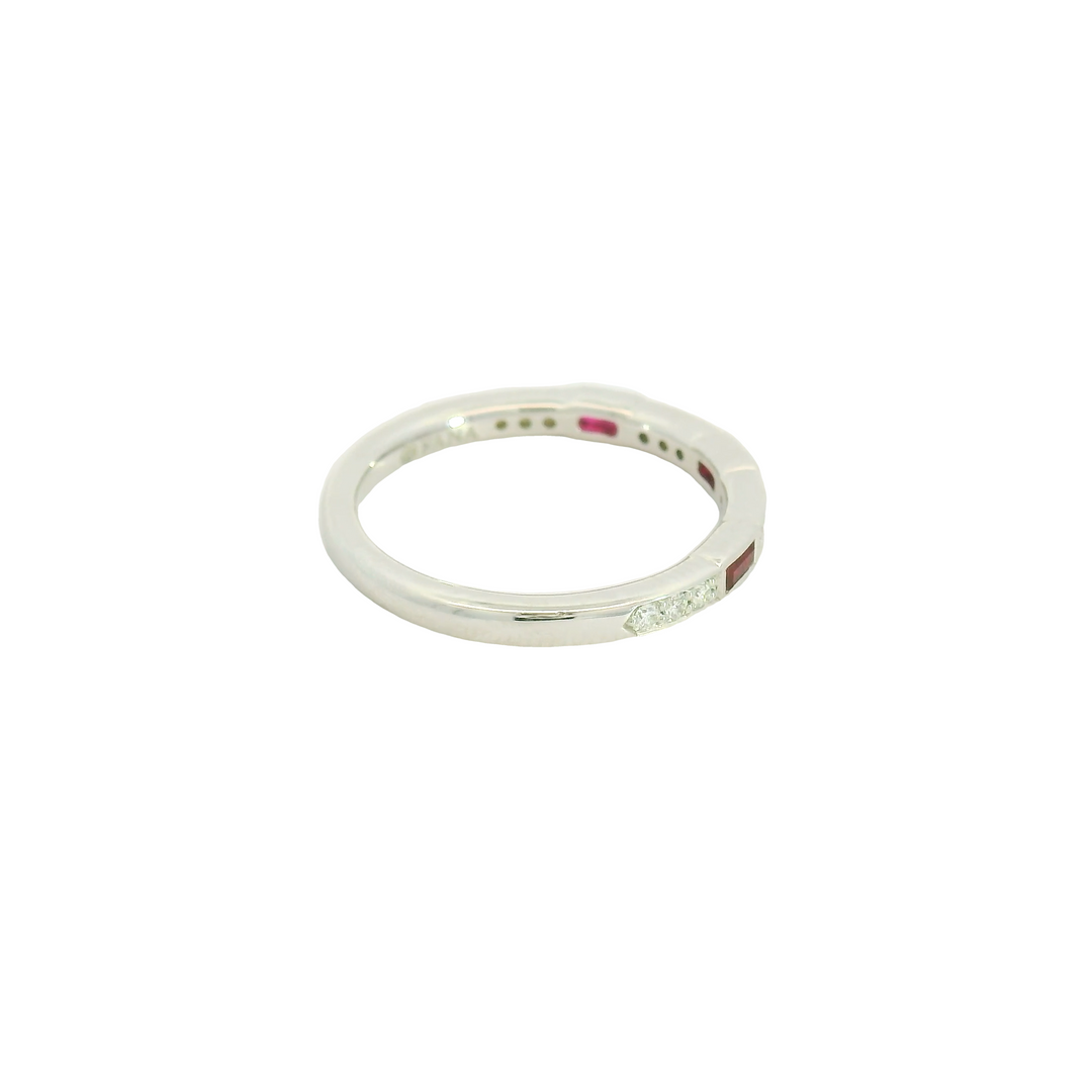 14K White Gold Band Gemstone Ring set with 3 Baguette Rubies 0.27 ctw and 12 G/H SI Diamonds, 0.12 ctw.  total stone weight measures 0.39 ctw.