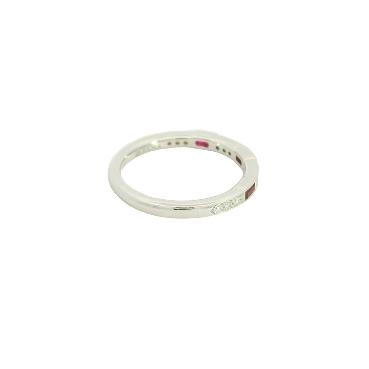 14K White Gold Band Gemstone Ring set with 3 Baguette Rubies 0.27 ctw and 12 G/H SI Diamonds, 0.12 ctw.  total stone weight measures 0.39 ctw.