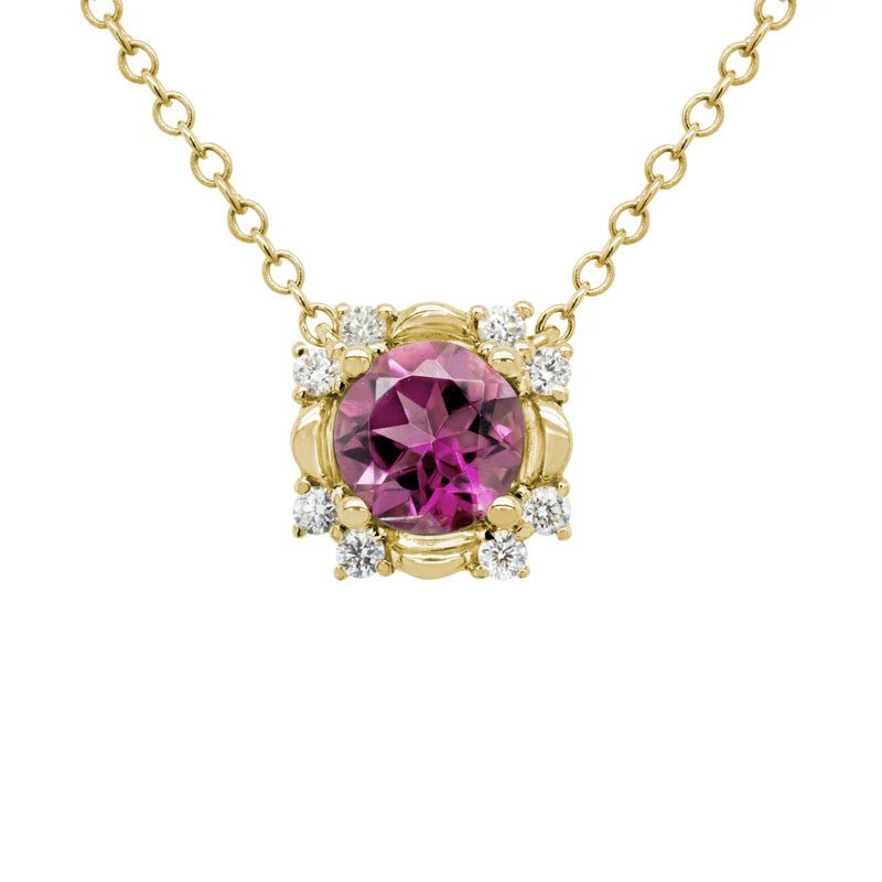 14K Yellow Gold Pendant with 1 Round Pink Tourmaline, 0.40 ct and 8 Round Diamonds, 0.08 ctw on a 16-18 Cable Chain