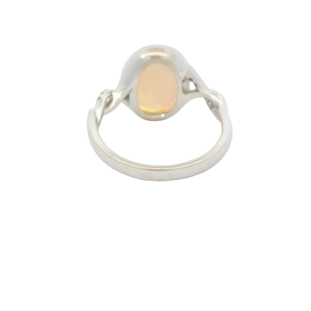 Estate 14K White Gold Accented Ring with 1 Cabochon Opal, 2.96 ct and 12 Round Diamonds, 0.06 ctw