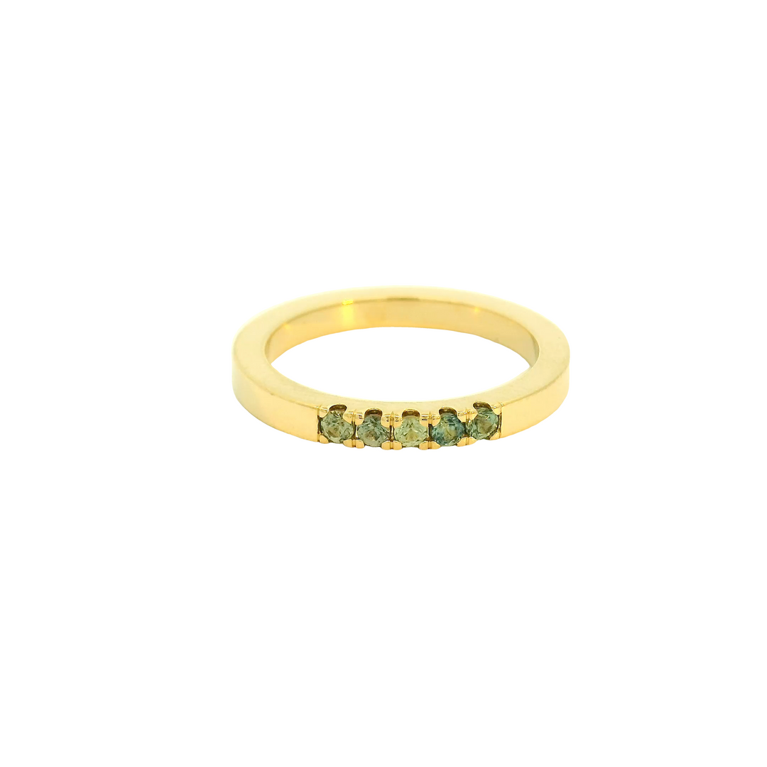 Marthaler Made 14K Yellow Gold Band Gemstone Ring set with 5 Montana Sapphires total stone weight measures 0.25 ctw.