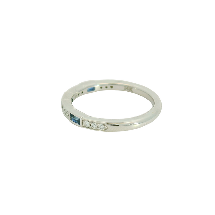 14K White Gold Band Gemstone Ring set with 3 Baguette Sapphires, 0.27 ctw, and 12 G/H SI Diamonds, 012 ctw.,  total stone weight measures 0.39 ctw.