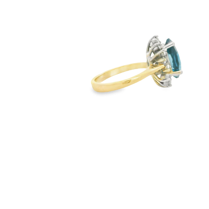 Estate 14K Two Tone Halo Gemstone Ring set with 1 Pear Blue Topaz, 3.29 ct and 14 Round Diamonds, 0.35 ctw