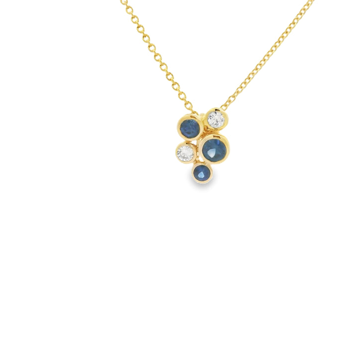 14K Yellow Gold Cluster Pendant with 3 Round Sapphires, 0.36 ctw and 2 Round Diamonds, 0.10 ctw on a 16-18 inch 14K Yellow Cable chain