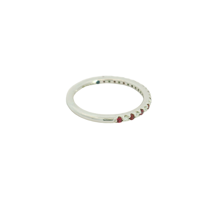 14K White Gold Band Gemstone Ring set with 11 Rubies, 0.20 ctw., and 10 G/H SI Diamonds, 0.12 ctw. total stone weight measures 0.32 ctw.