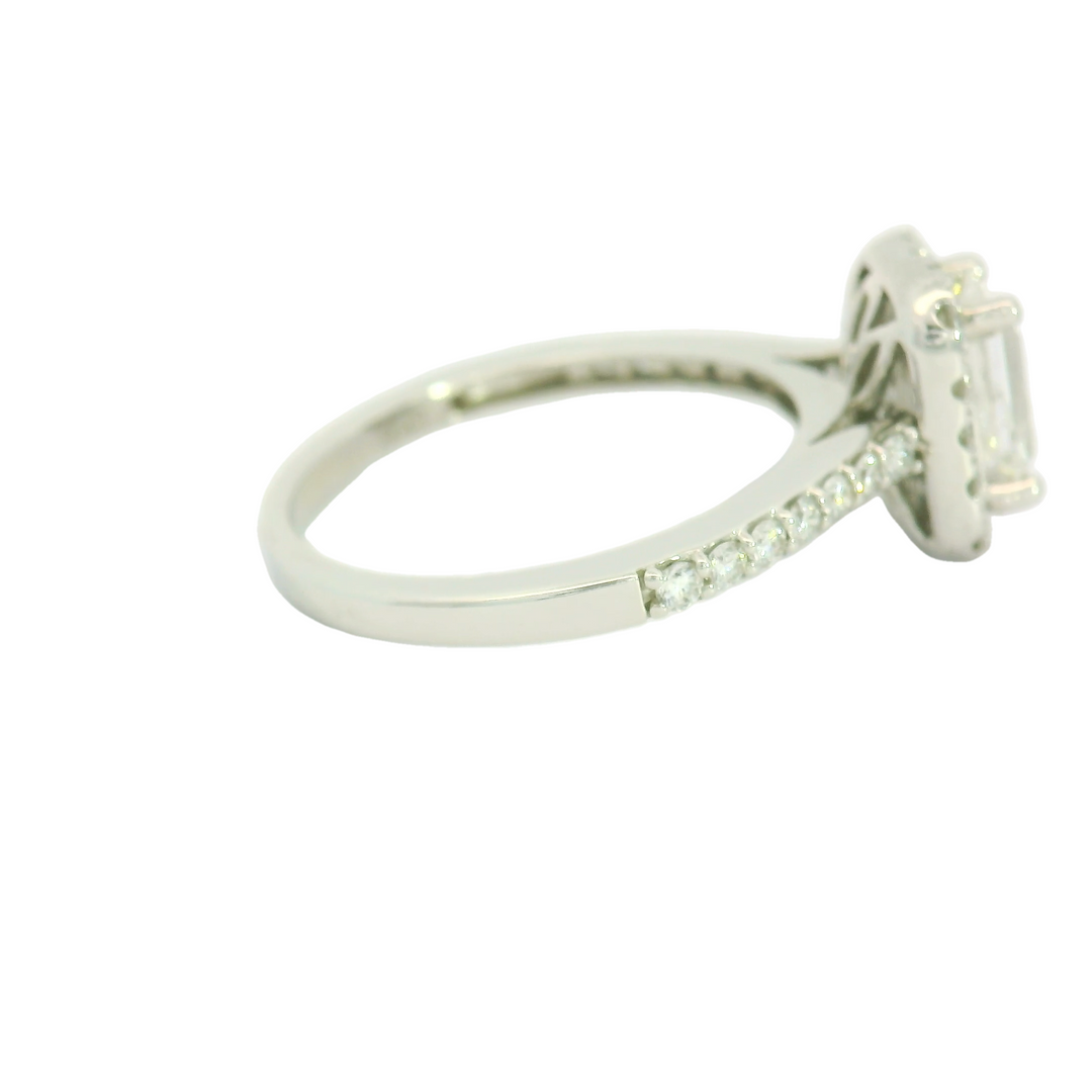 14K White Gold Halo Engagement Ring set with 1 1.00 ct Emerald Cut Diamond, F SI1, and 30 Round Diamonds, 0.43 ctw