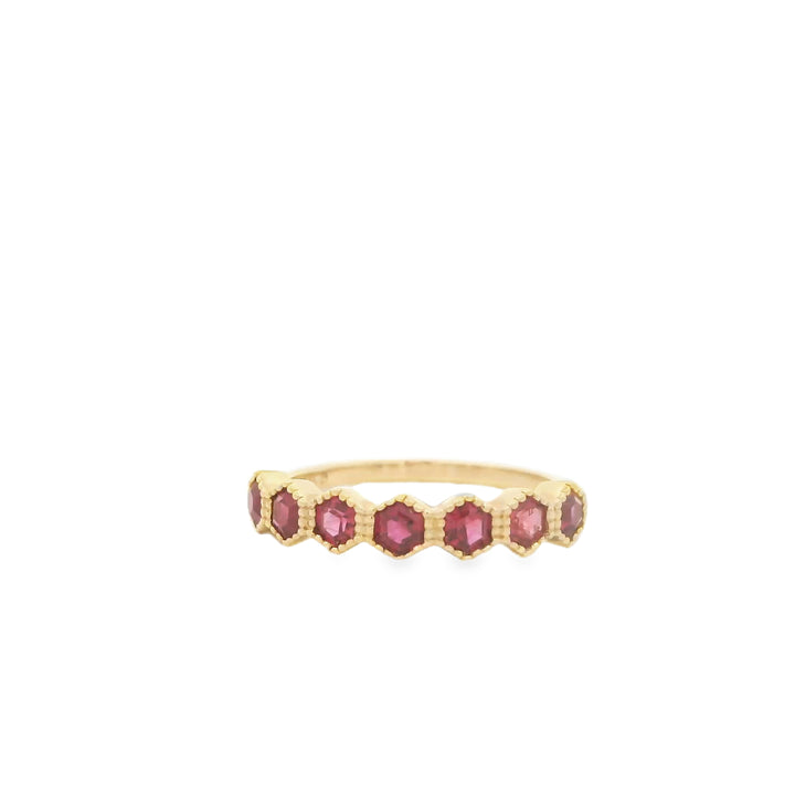 14K Yellow Gold Bezel Gemstone Ring set with 7 Hexagon Rubies, 1.01 ctw