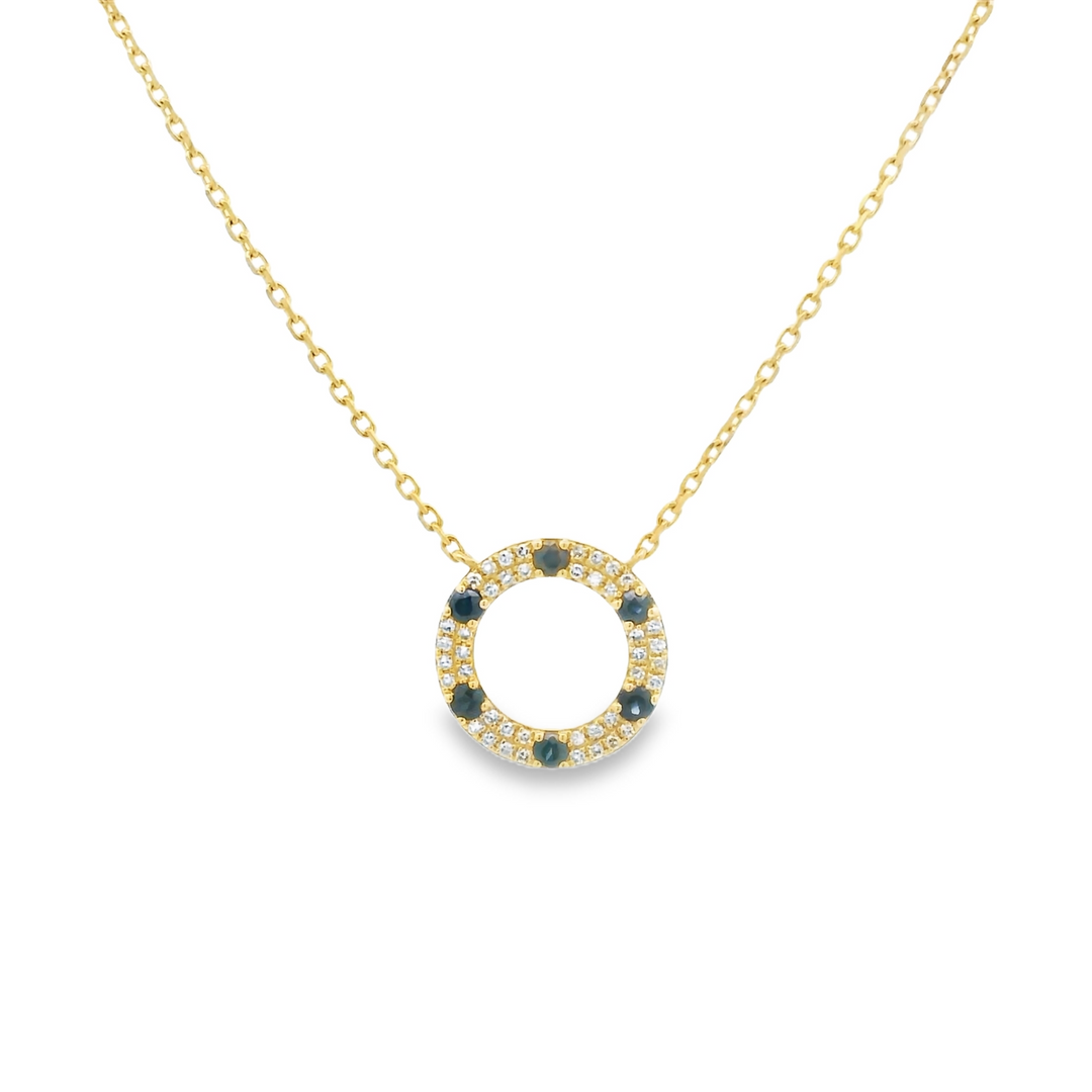 4KG Yellow Gold Alternating Circle Gemstone Pendant with 6 Round Sapphire(s) totaling 0.23 cts. and 42 round G/H diamonds totaling 0.15 ctw  on a 18 inch 14KG Yellow Cable chain