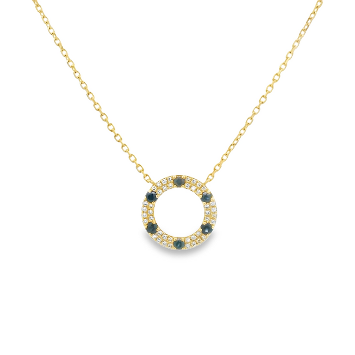 4KG Yellow Gold Alternating Circle Gemstone Pendant with 6 Round Sapphire(s) totaling 0.23 cts. and 42 round G/H diamonds totaling 0.15 ctw  on a 18 inch 14KG Yellow Cable chain