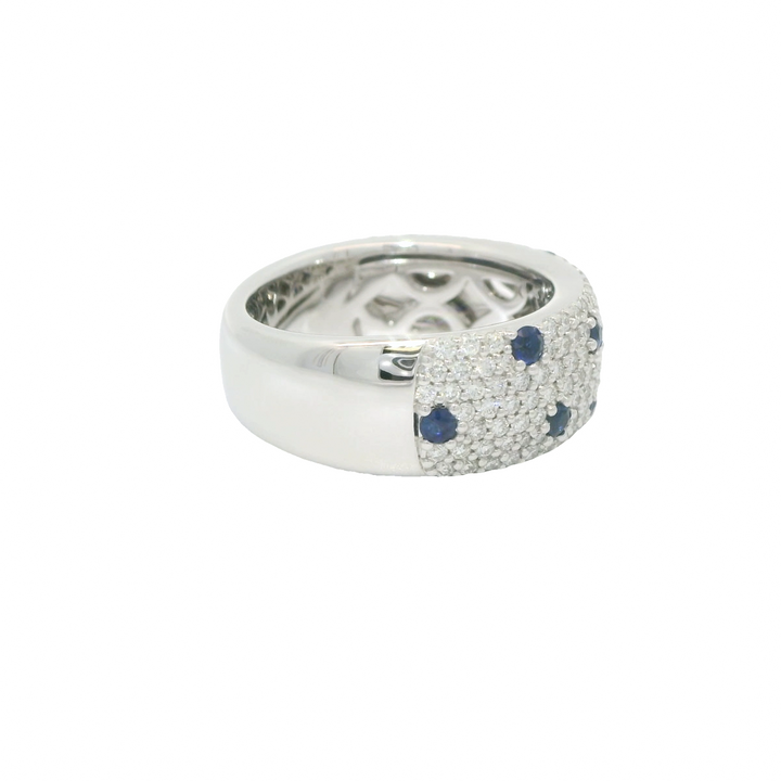 14K White Gold Gemstone Ring set with 11 Round Blue Sapphires, 0.51 ctw and 162 Round Diamonds, 0.98 ctw