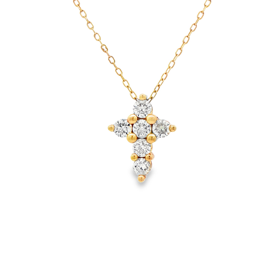 14K Yellow Gold Cross Diamond Pendant with 6 Round Diamonds, 0.75 ctw on a Cable Chain, 18 inches