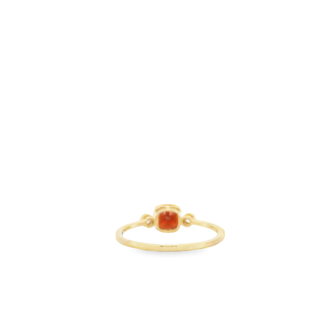 14K Yellow Gold Milgrain Bezel Three Stone Ring with 1 Cushion Garnet, 0.73 ct and 2 Round Diamonds, 0.06 ctw