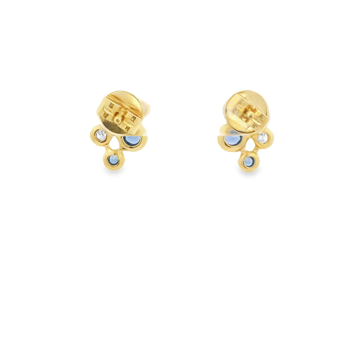 14K Yellow Gold Stud Earrings set with 6 Round Sapphires, 0.44 ctw. and 4 Round G/H SI1-SI2 Diamonds, 0.09 ctw