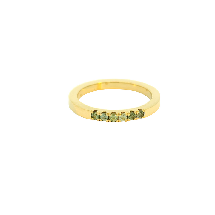 Marthaler Made 14K Yellow Gold Band Gemstone Ring set with 6 Montana Sapphires total stone weight measures 0.3 ctw.