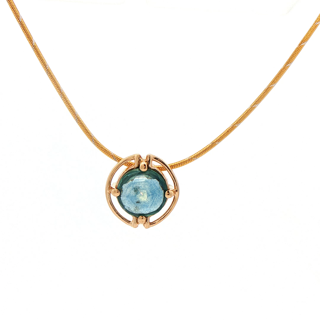 Marthaler Made 14K Yellow Gold Solitaire Pendant with 1 Rose Cut Sapphire (Montana), 2.10 ct (estimated) on a Snake Chain, 18 inches