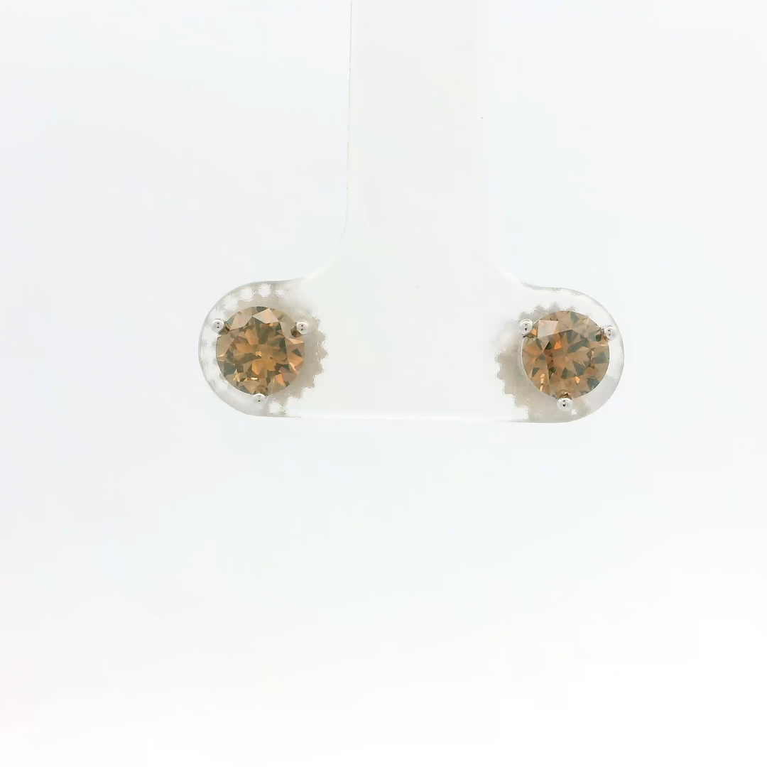14K White Gold Stud Earrings set with 2 Round Fancy Dark Orangy Brown Diamonds, 1.01 ctw
