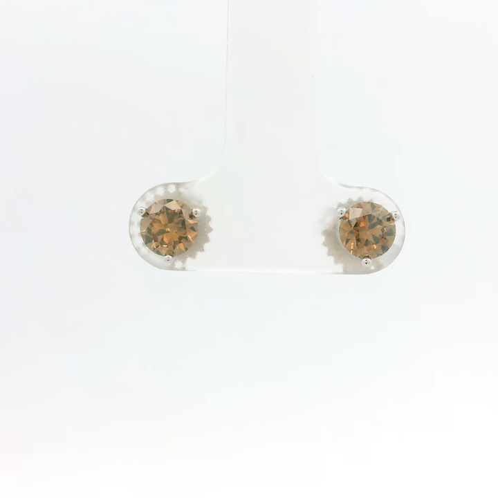 14K White Gold Stud Earrings set with 2 Round Fancy Dark Orangy Brown Diamonds, 1.01 ctw