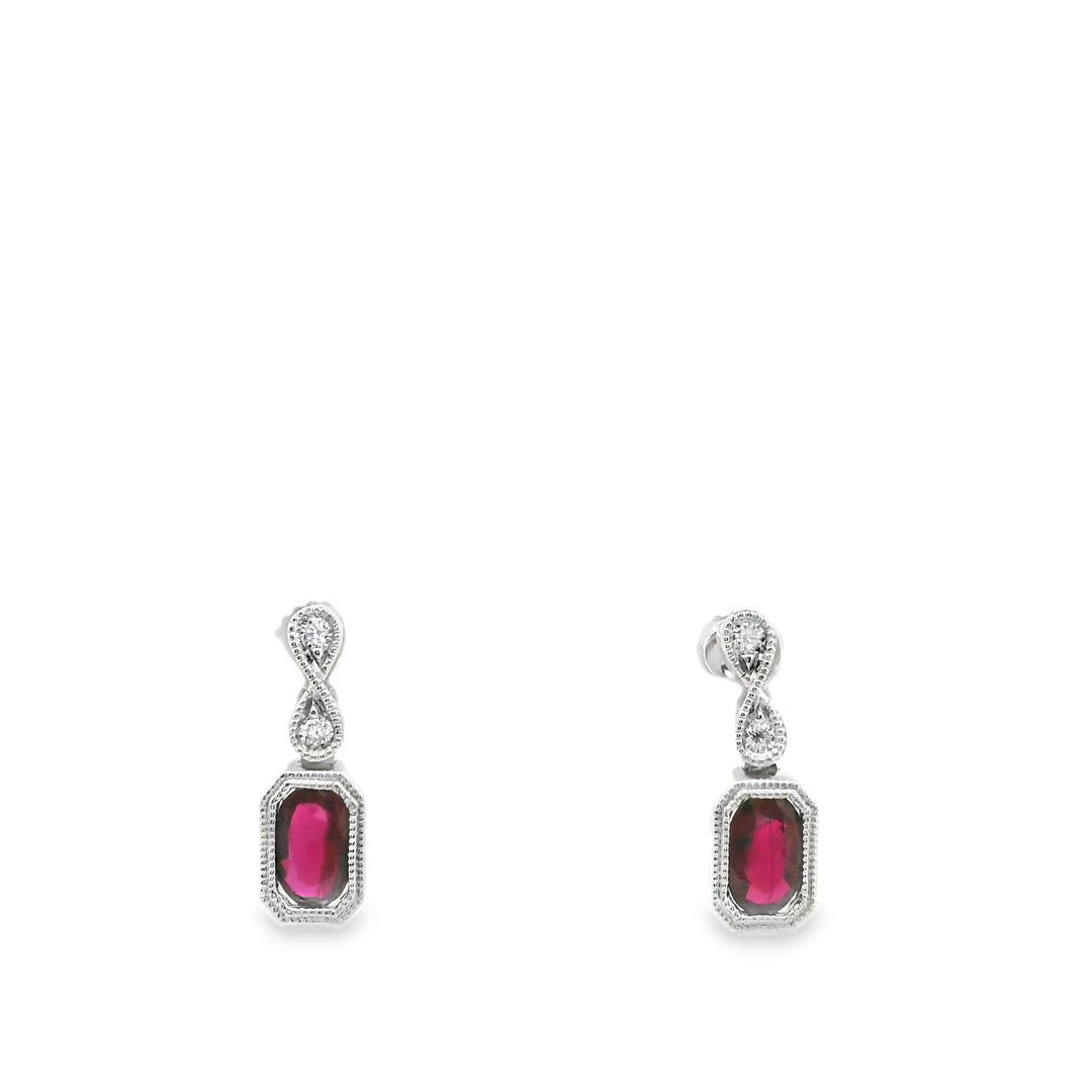 14K White Gold Drop Earrings set with 2 Oval Rubies, 0.58 ctw and 4 Round Diamonds, 0.05 ctw