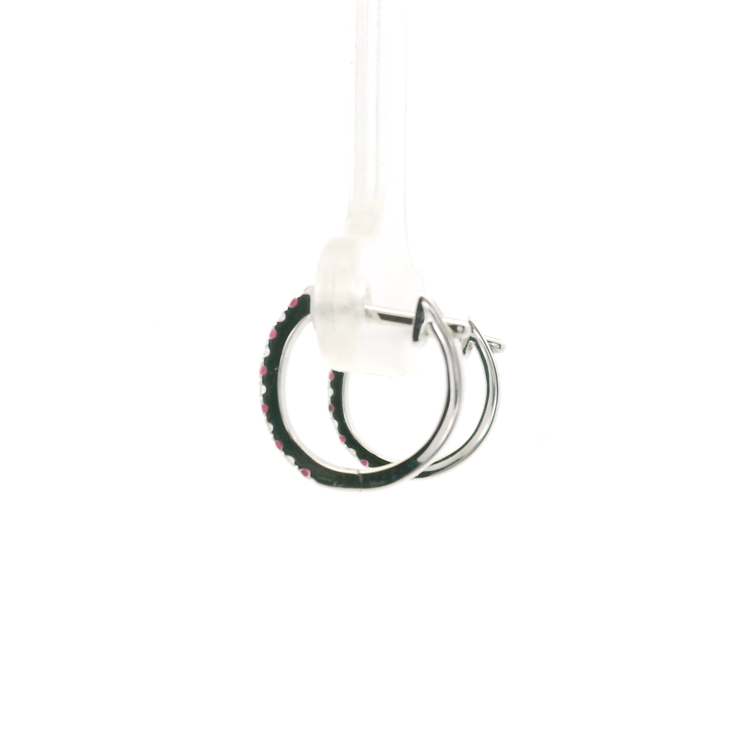 14K White Gold Hoop Earrings set with 12 Round Rubies, 0.07 ctw and 12 Round Diamonds, 0.05 ctw