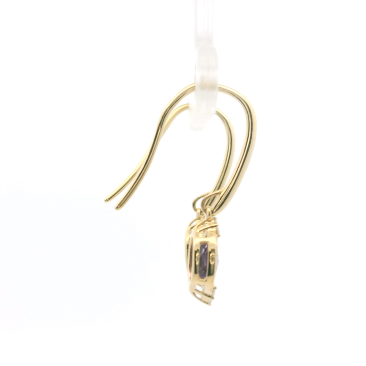 14K Yellow Gold Dangle Earrings set with 2 Oval Amethysts, 0.74 ctw and 12 Round Diamonds, 0.06 ctw
