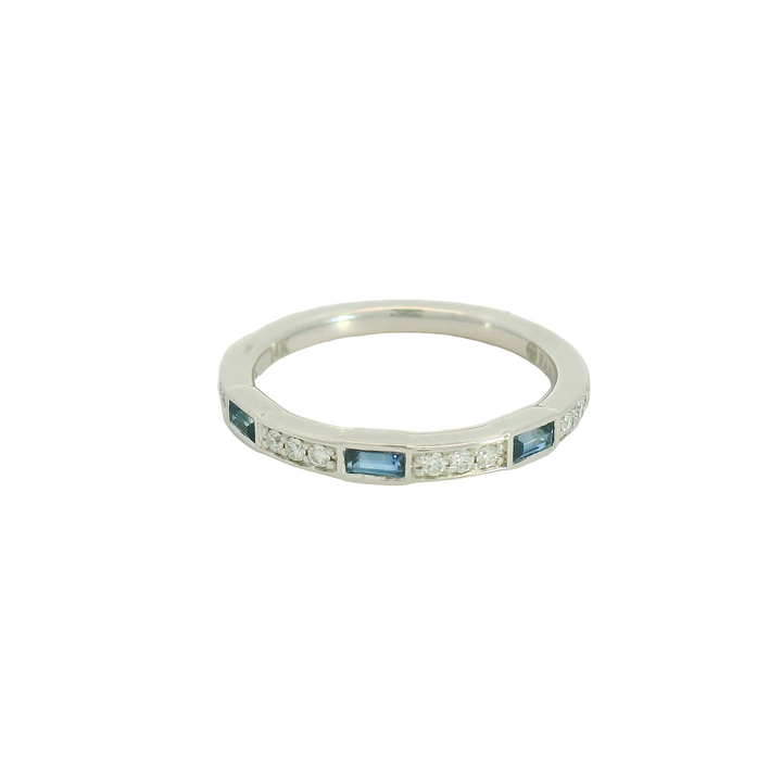 14K White Gold Band Gemstone Ring set with 3 Baguette Sapphires, 0.27 ctw, and 12 G/H SI Diamonds, 012 ctw.,  total stone weight measures 0.39 ctw.
