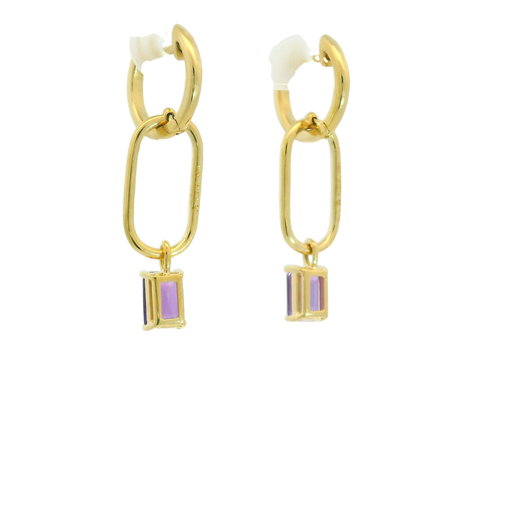 14K Yellow Gold Drop Earrings set with 2 Emerald Cut Amethysts, 1.16 ctw.