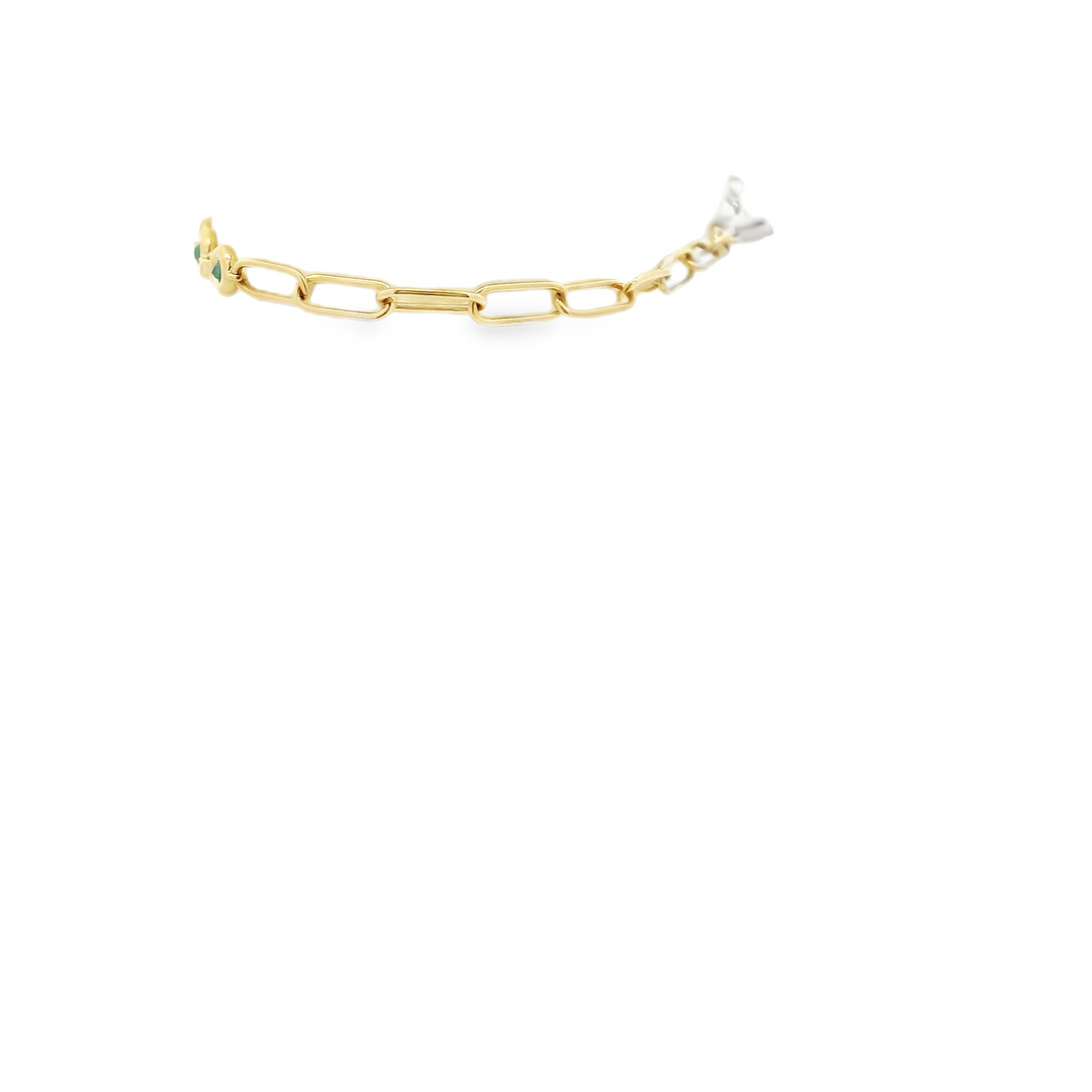 14K Yellow Gold Bezel, Paperclip Bracelet set with 12 0.42 Ctw. Round Emeralds(s) Total stone weight for bracelet measures 0.42 ctw.