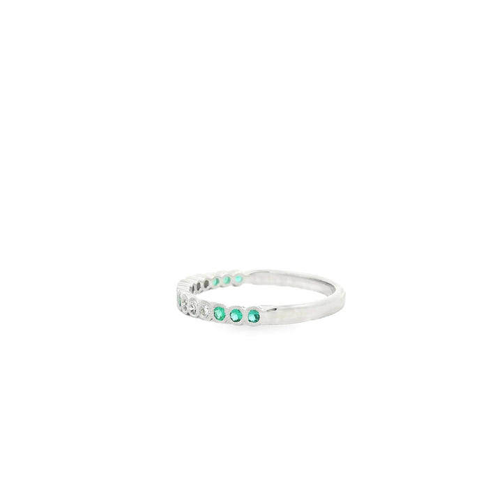 14K White Gold Band with 9 Round Emeralds, 0.13 ct and 6 Round Diamonds, 0.09 ctw
