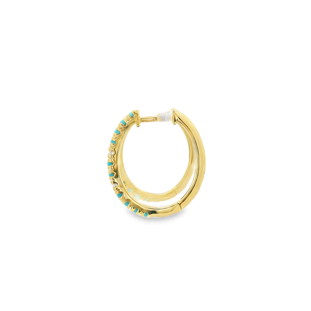 14K Yellow Gold Oval Hoop Earrings set with 20 Round Turquoises, 0.42 ctw and 4 Round Diamonds, 0.06 ctw