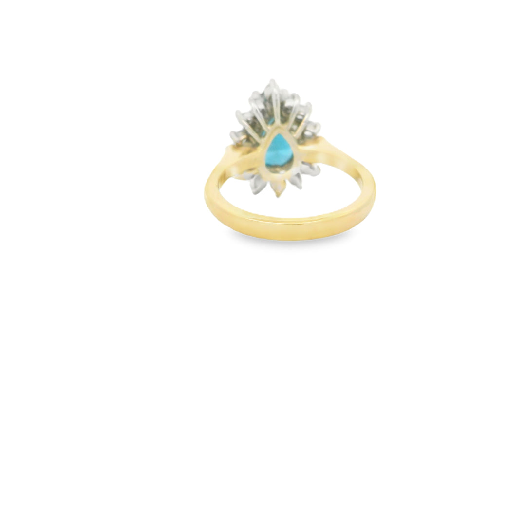 Estate 14K Two Tone Halo Gemstone Ring set with 1 Pear Blue Topaz, 3.29 ct and 14 Round Diamonds, 0.35 ctw