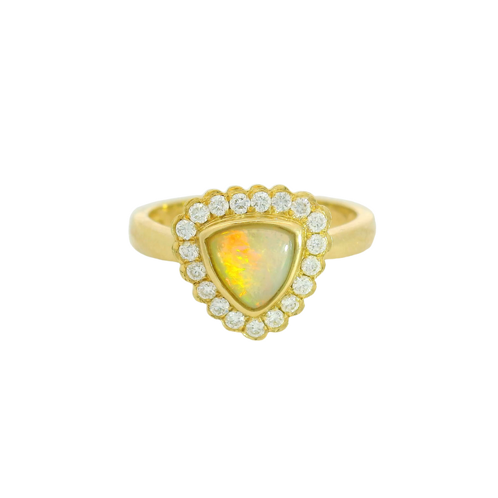14K Yellow Gold Halo Gemstone Ring set with 1 Opal, 0.50 ctw 19 G/H SI1 Round  Diamonds, 0.24 ctw.  total stone weight measures 0.74 ctw.