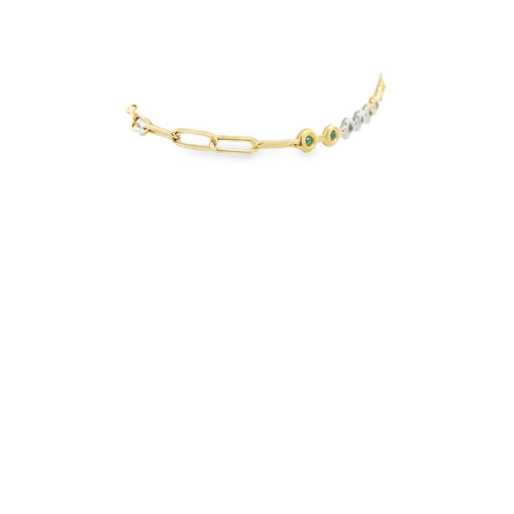14K Yellow Gold Bezel, Paperclip Bracelet set with 12 0.42 Ctw. Round Emeralds(s) Total stone weight for bracelet measures 0.42 ctw.