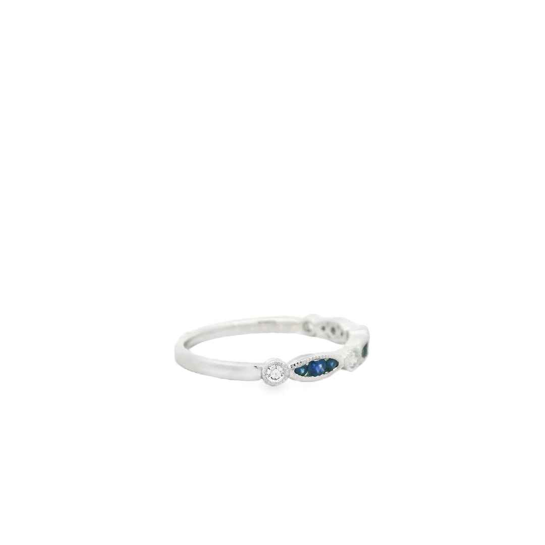 14K White Gold Gemstone Band set with 9 Round Sapphires, 0.19 ctw and 4 Round Diamonds, 0.10 ctw