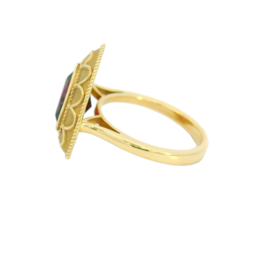 Marthaler Made 14K Yellow Gold Solitaire Gemstone Ring set with 1 Rhodolite Garnet total stone weight measures 4.04 ctw.
