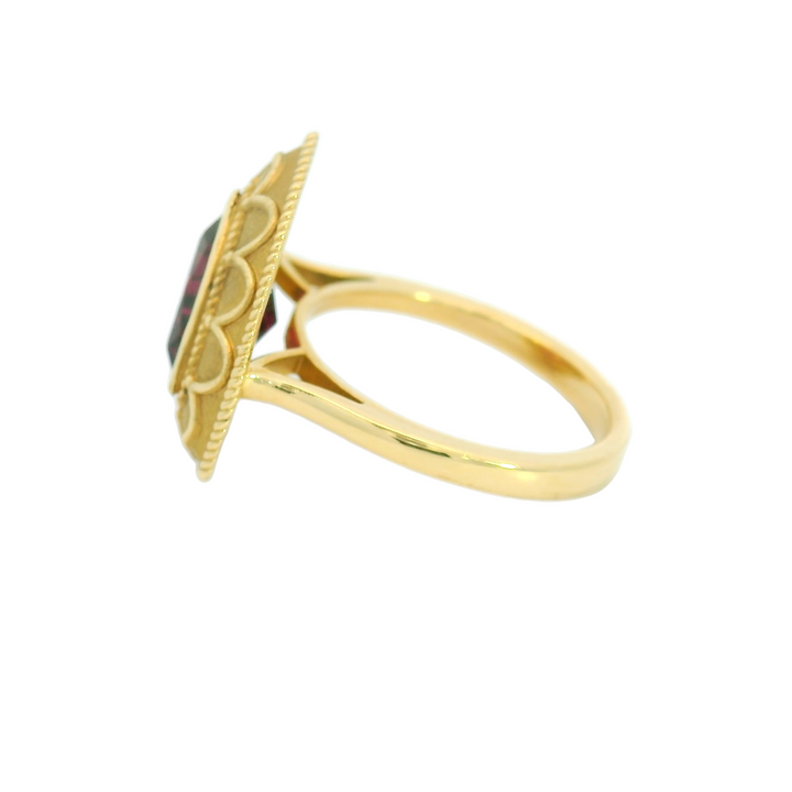 Marthaler Made 14K Yellow Gold Solitaire Gemstone Ring set with 1 Rhodolite Garnet total stone weight measures 4.04 ctw.