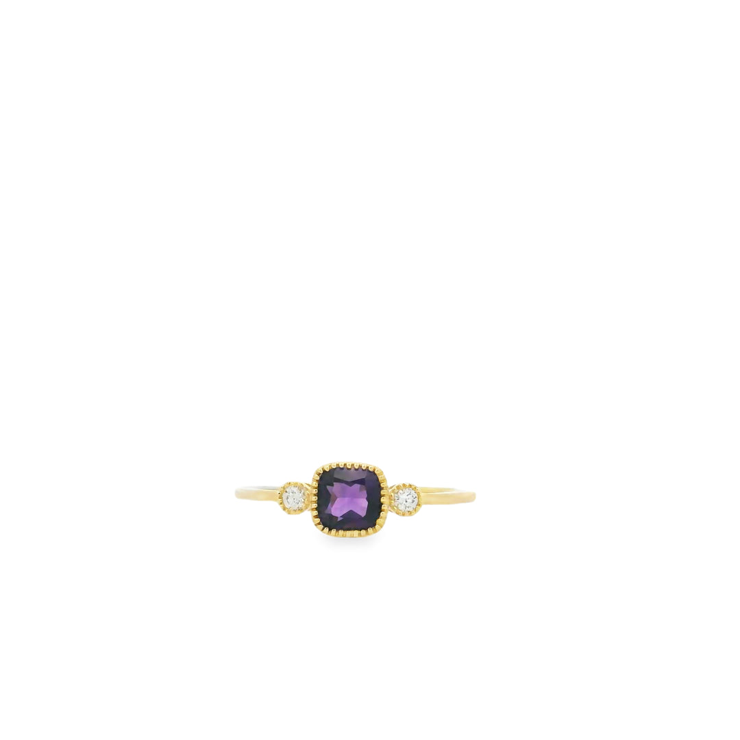14K Yellow Gold Milgrain Bezel Three Stone Ring with 1 Cushion Amethyst, 0.61 ct and 2 Round Diamonds, 0.06 ctw