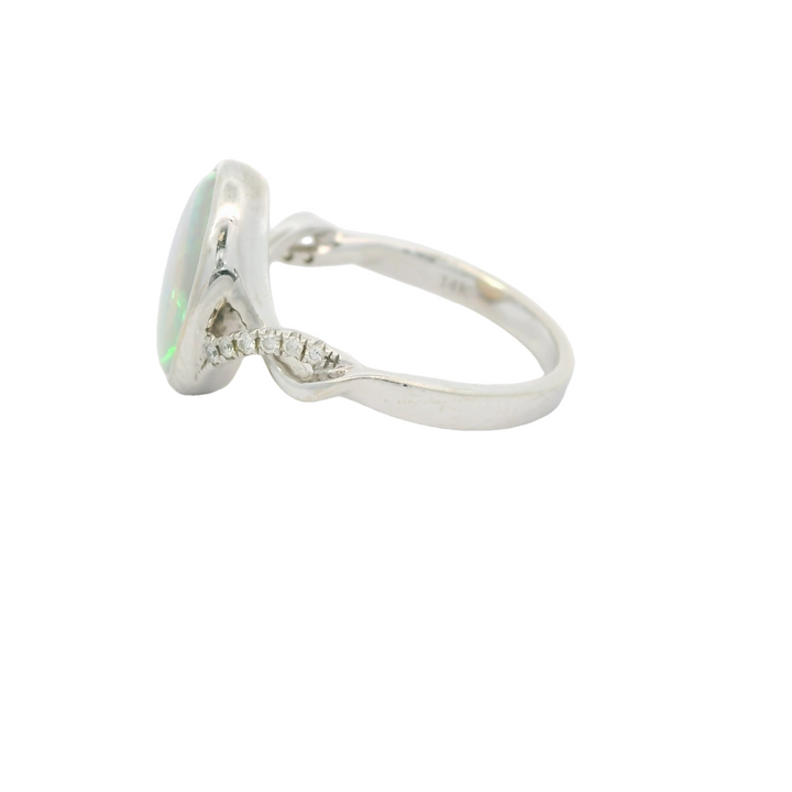 Estate 14K White Gold Accented Ring with 1 Cabochon Opal, 2.96 ct and 12 Round Diamonds, 0.06 ctw
