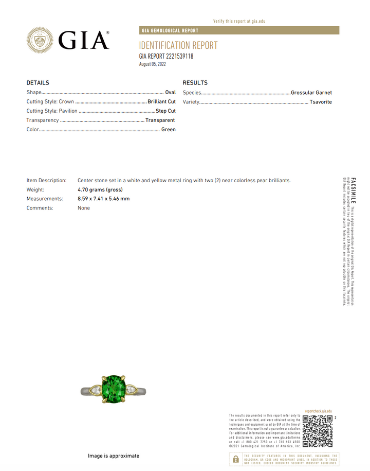 18K Yellow and White Gold Three Stone Ring with 1 Cushion Tsavorite (Untreated, GIA 2221539118), 2.64 ct and 2 Pear Diamonds, 0.22 ctw