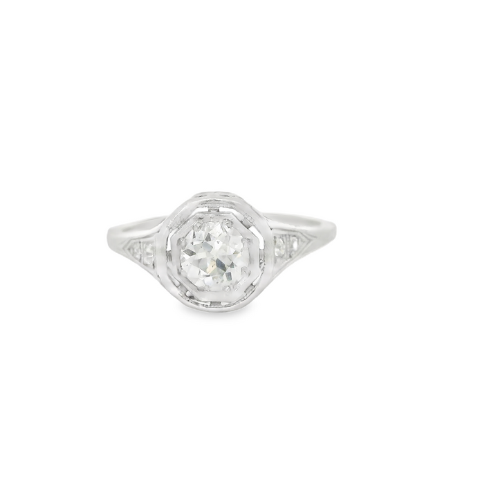 Platinum Estate Filigree, Solitaire Engagement Rings set with 1 H/I SI1 0.62 Ct. Round Diamond center stone, Total diamond weight for ring measures 0.67 ctw.