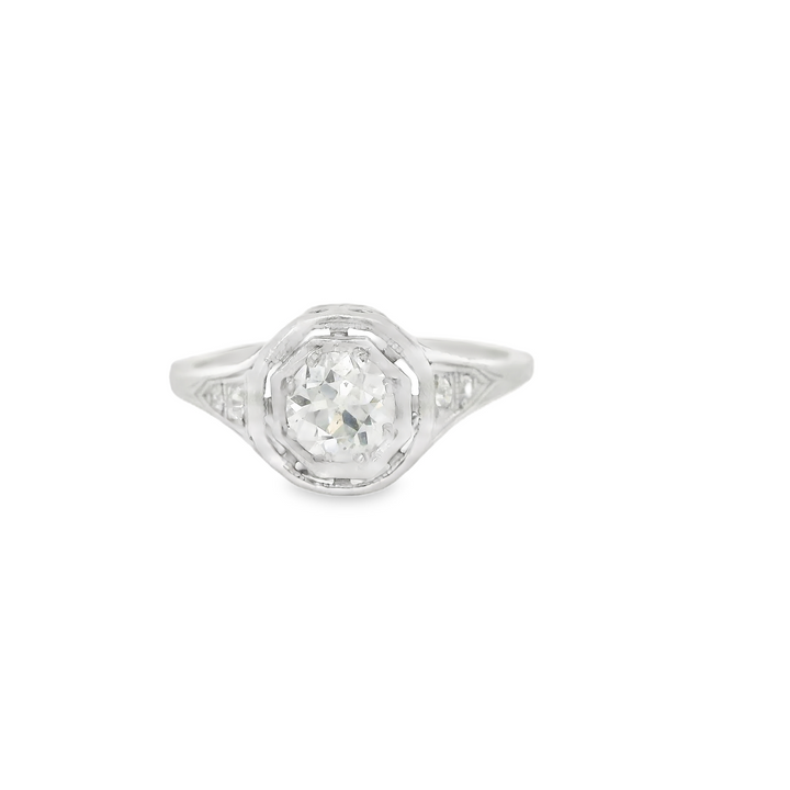 Platinum White Gold Estate Filigree, Solitaire Engagement Ring Total diamond weight for ring measures 0.62 ctw.