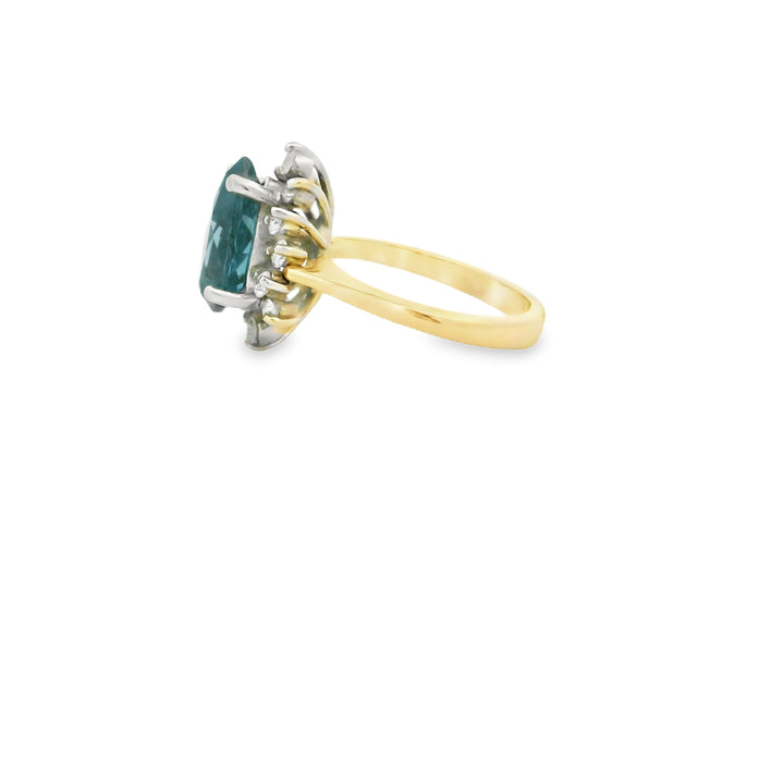Estate 14K Two Tone Halo Gemstone Ring set with 1 Pear Blue Topaz, 3.29 ct and 14 Round Diamonds, 0.35 ctw