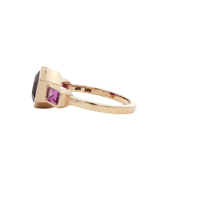 Marthaler Made 14K Yellow Gold Three Stone Ring with 1 Hexagon Garnet (Mozambique, No heat), 2.30 ct and 2 Emerald Cut Sapphires, 1.00 ctw