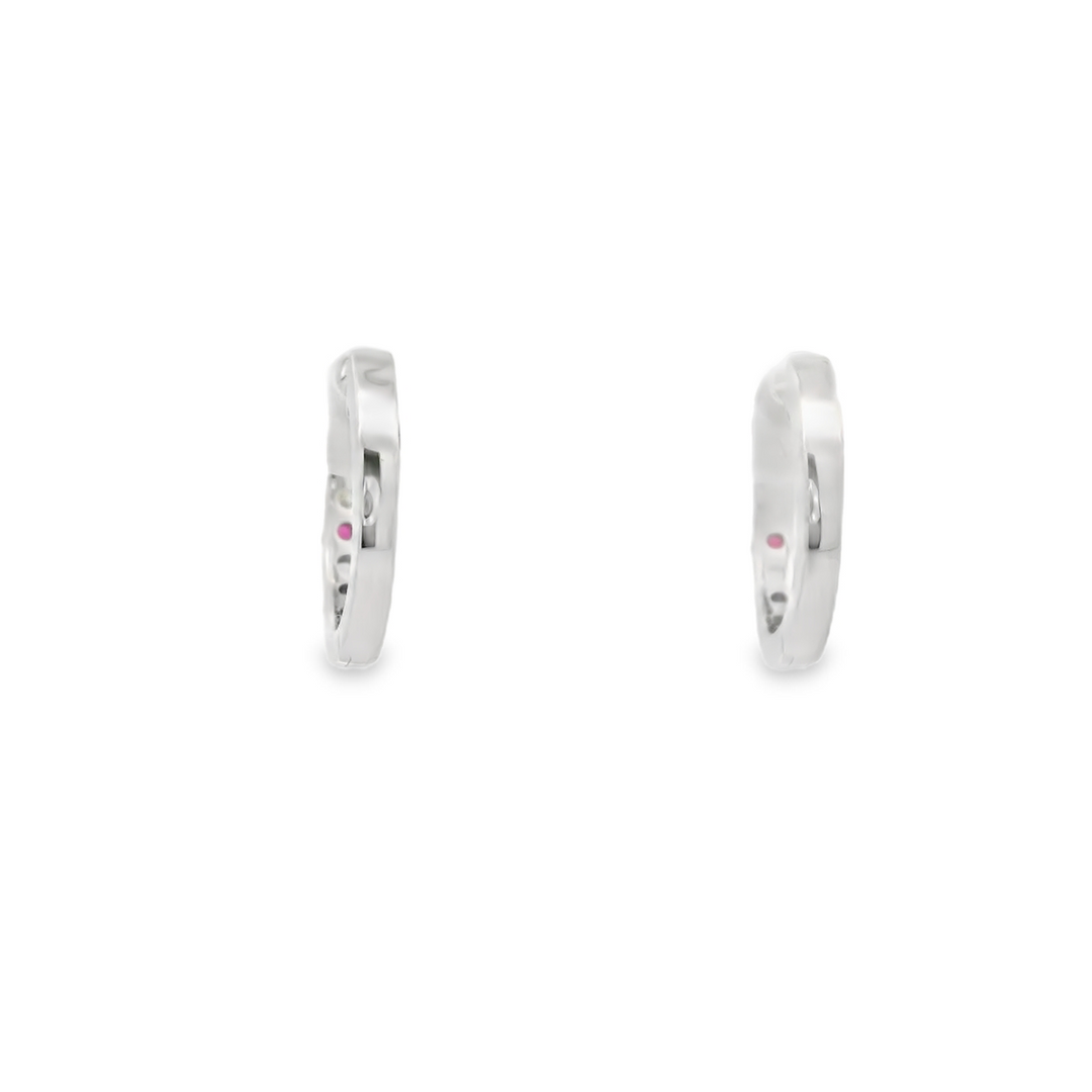 14K White Gold Huggie Earrings set with 8 Round Rubies, 0.33 ctw. and 8 G/H SI1-SI2 Diamonds 0.14 ctw.