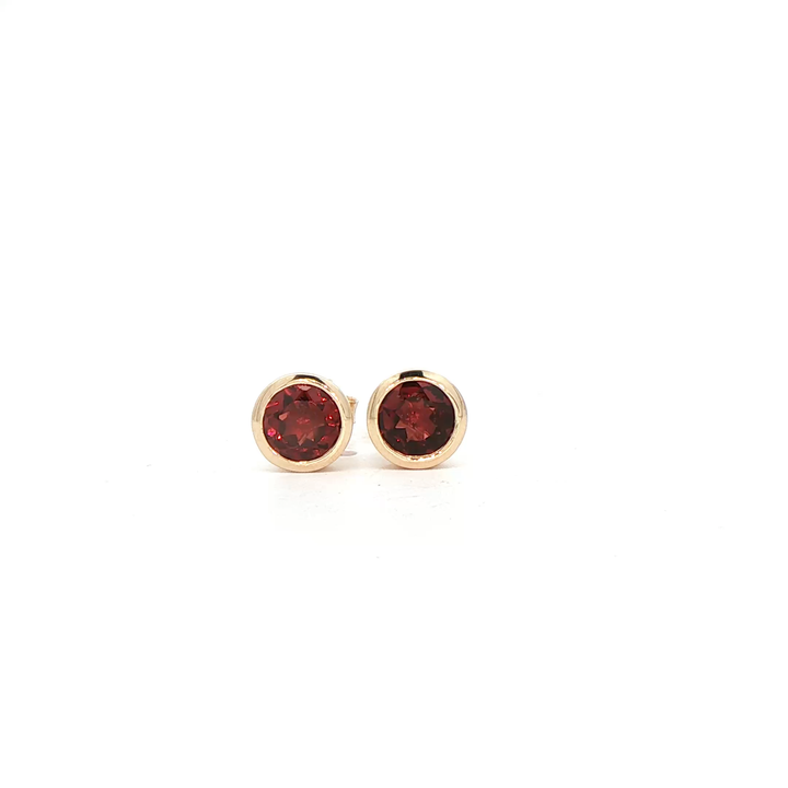 14K Yellow Gold Bezel Stud Earrings set with 2 Round Garnets, 1.20 ctw
