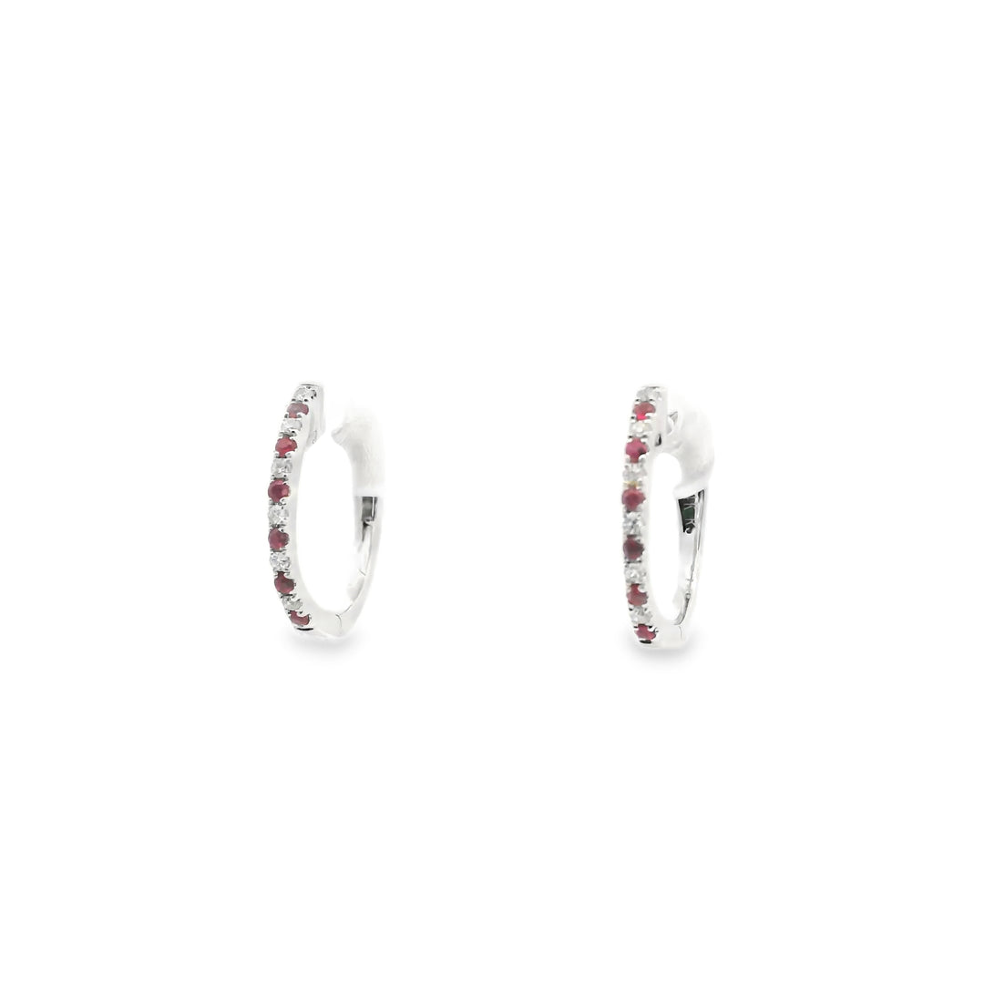 14K White Gold Hoop Earrings set with 12 Round Rubies, 0.07 ctw and 12 Round Diamonds, 0.05 ctw