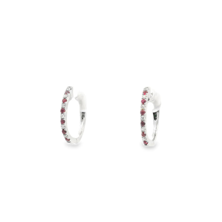 14K White Gold Hoop Earrings set with 12 Round Rubies, 0.07 ctw and 12 Round Diamonds, 0.05 ctw