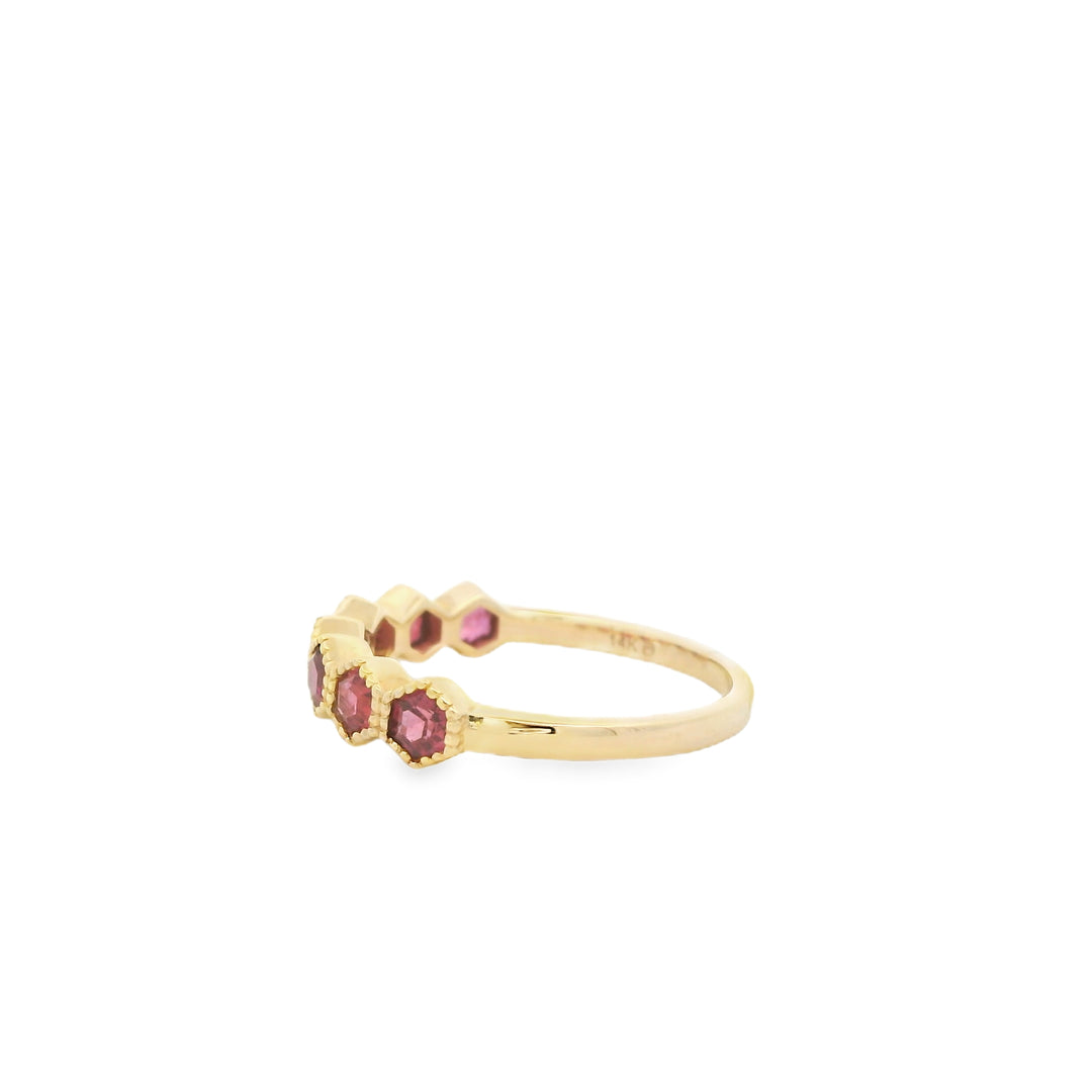14K Yellow Gold Bezel Gemstone Ring set with 7 Hexagon Rubies, 1.01 ctw